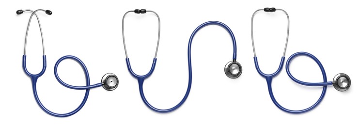 Image of Set with stethoscopes on white background, top view. Banner design