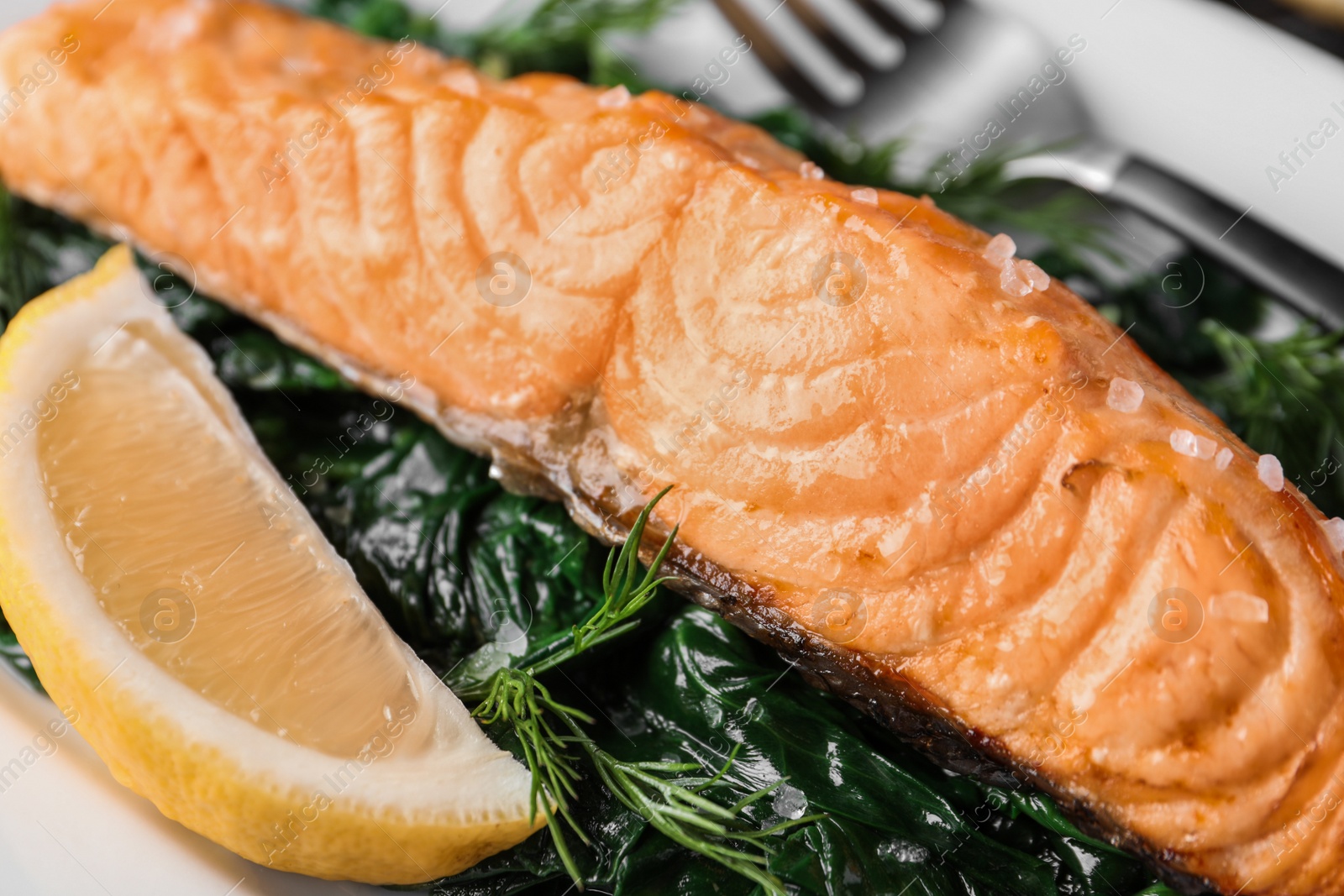 Photo of Tasty salmon with spinach and lemon, closeup