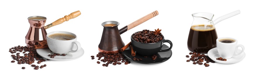 Image of Set with different turkish coffee pots (cezve) with hot coffee and beans on white background. Banner design