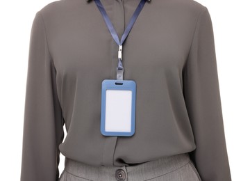 Photo of Woman with blank badge on white background, closeup