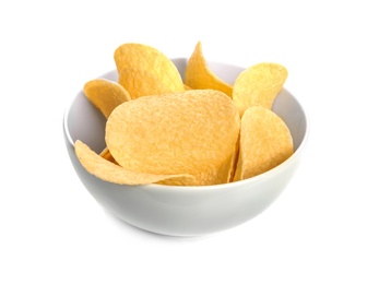 Bowl of tasty crispy potato chips on white background