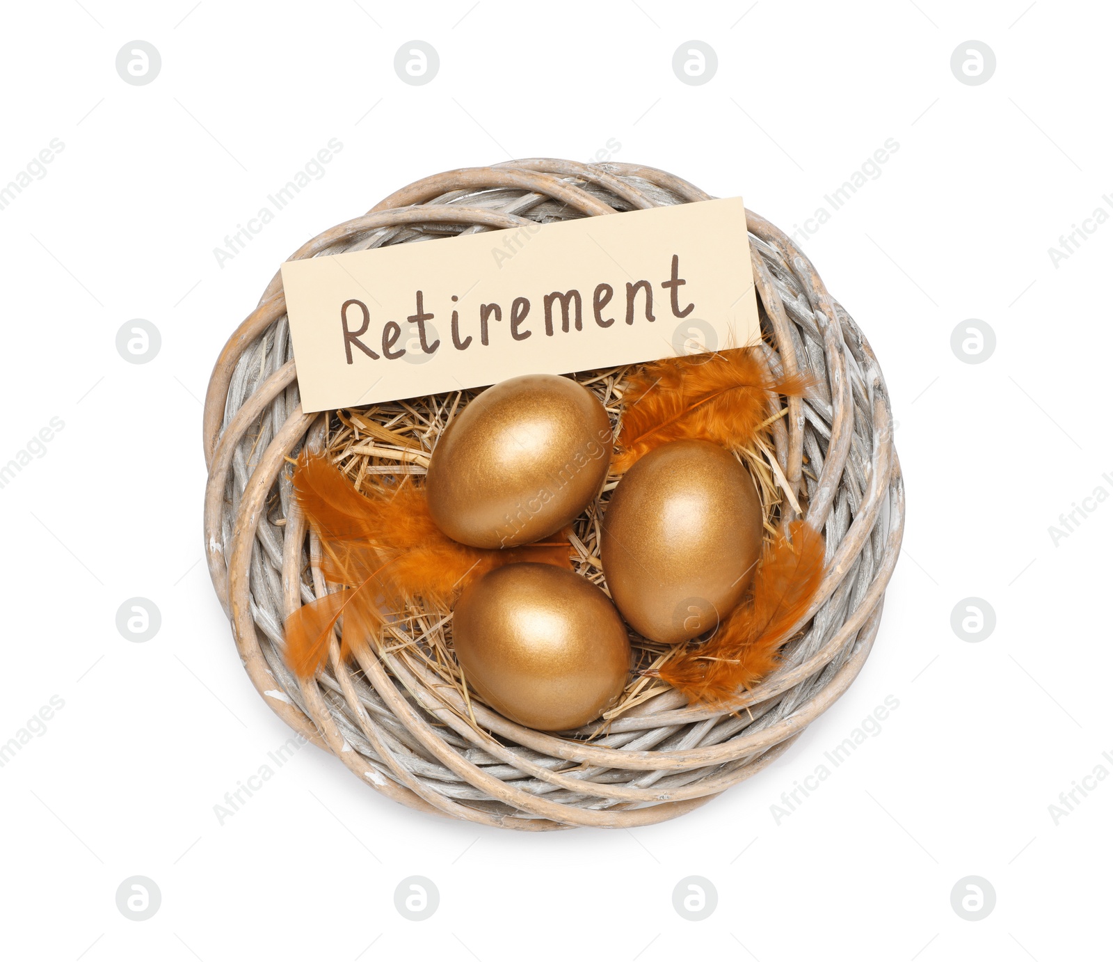 Photo of Golden eggs and card with word Retirement in nest on white background, top view. Pension concept