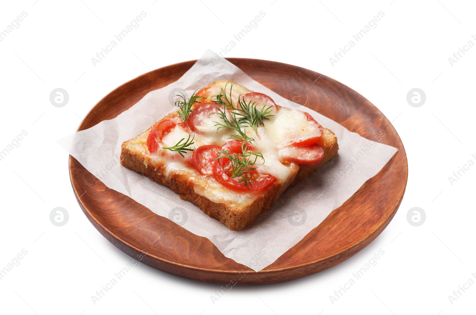 Photo of Tasty pizza toast with cheese, tomato and dill isolated on white