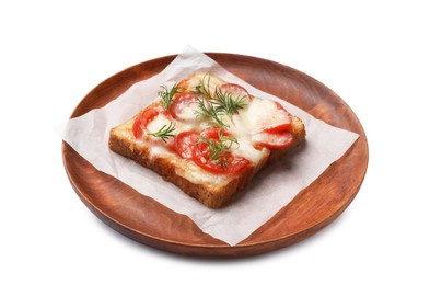 Photo of Tasty pizza toast with cheese, tomato and dill isolated on white