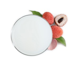 Photo of Freshly made lychee juice on white background, top view