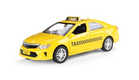 Photo of Yellow taxi car with roof sign on white background