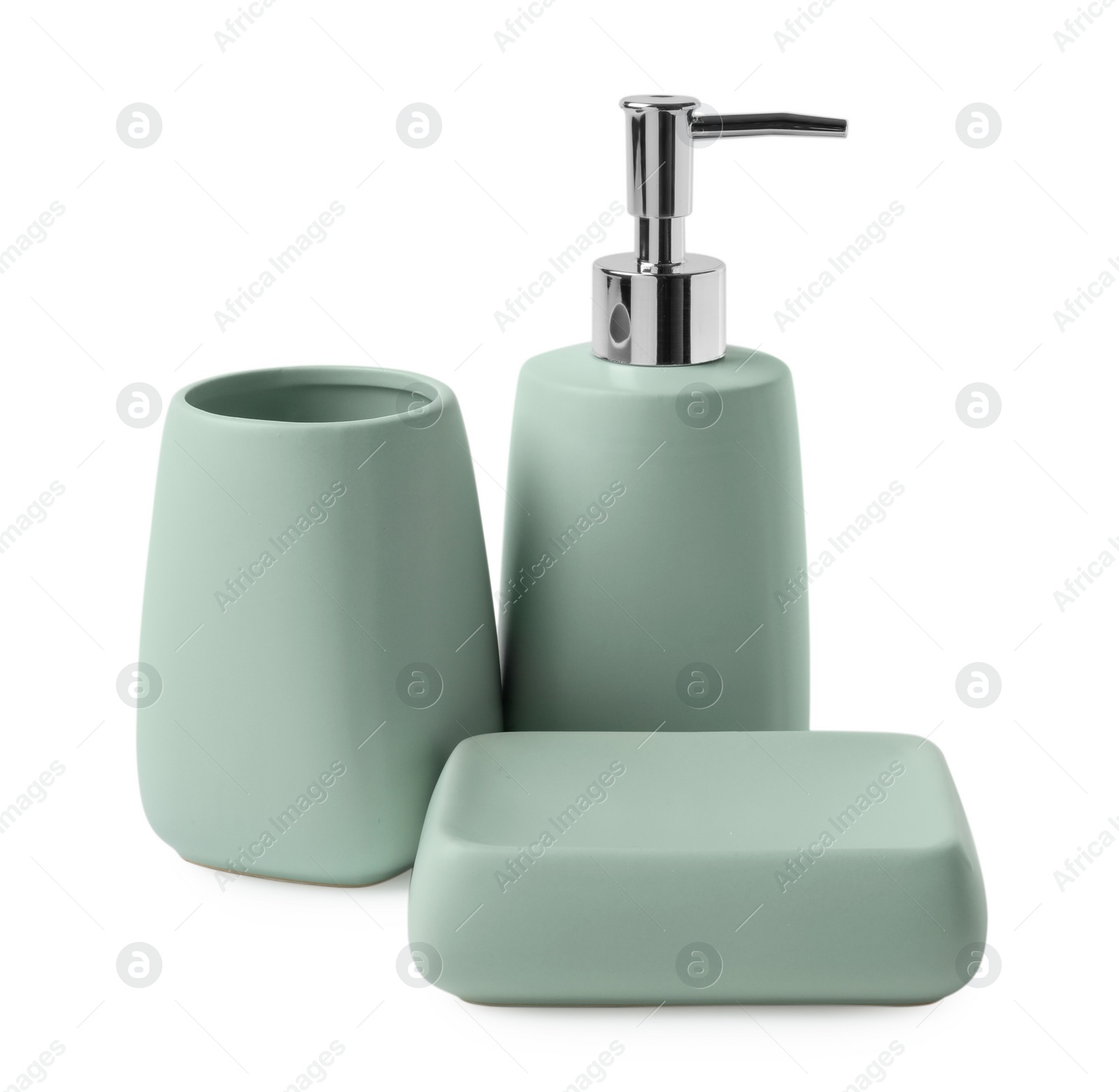 Photo of Set of bath accessories isolated on white
