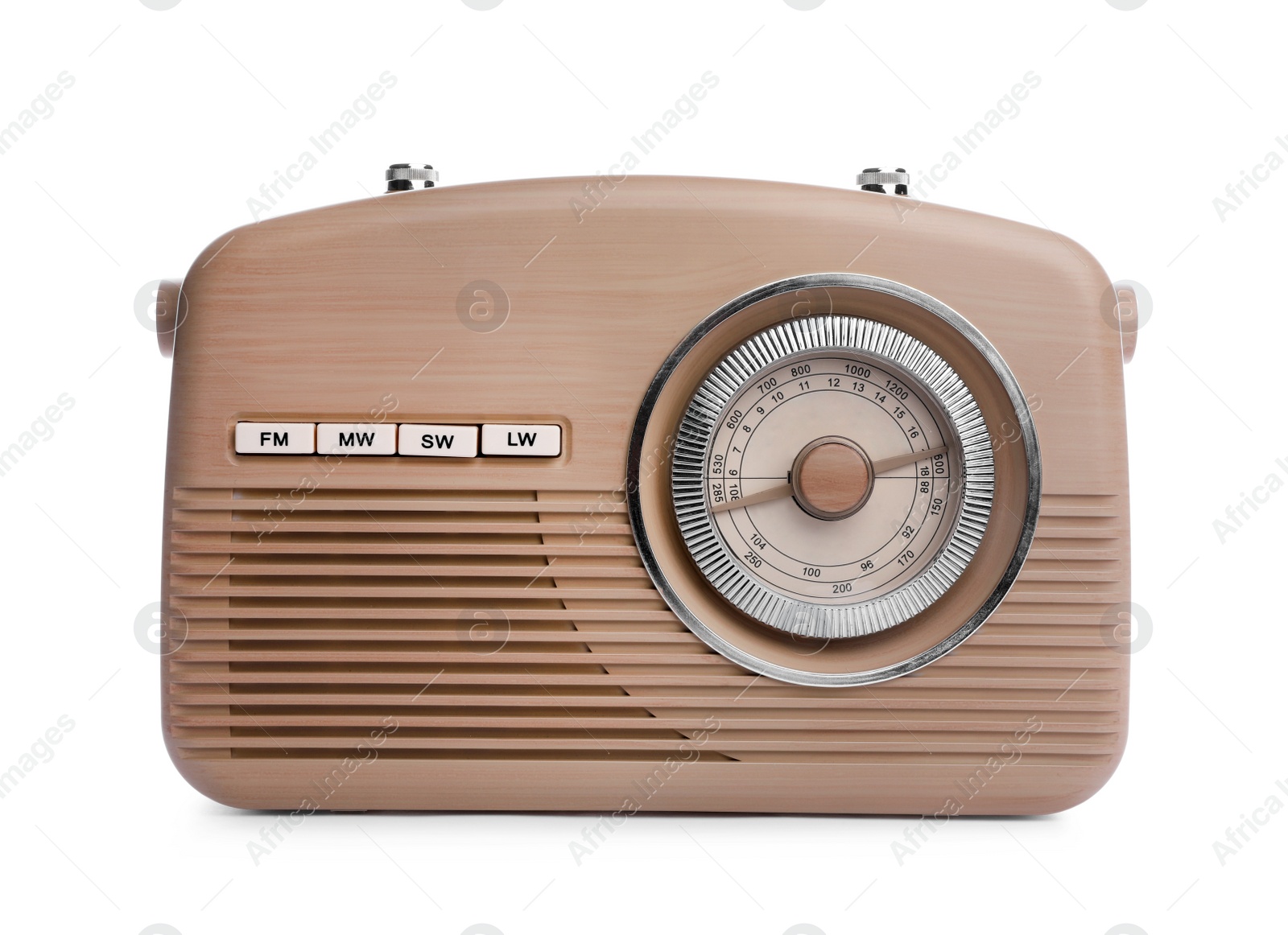 Photo of Beige retro radio receiver isolated on white
