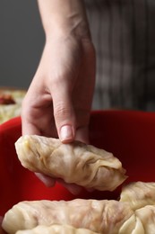 Woman putting uncooked stuffed cabbage roll into baking dish at table, closeup