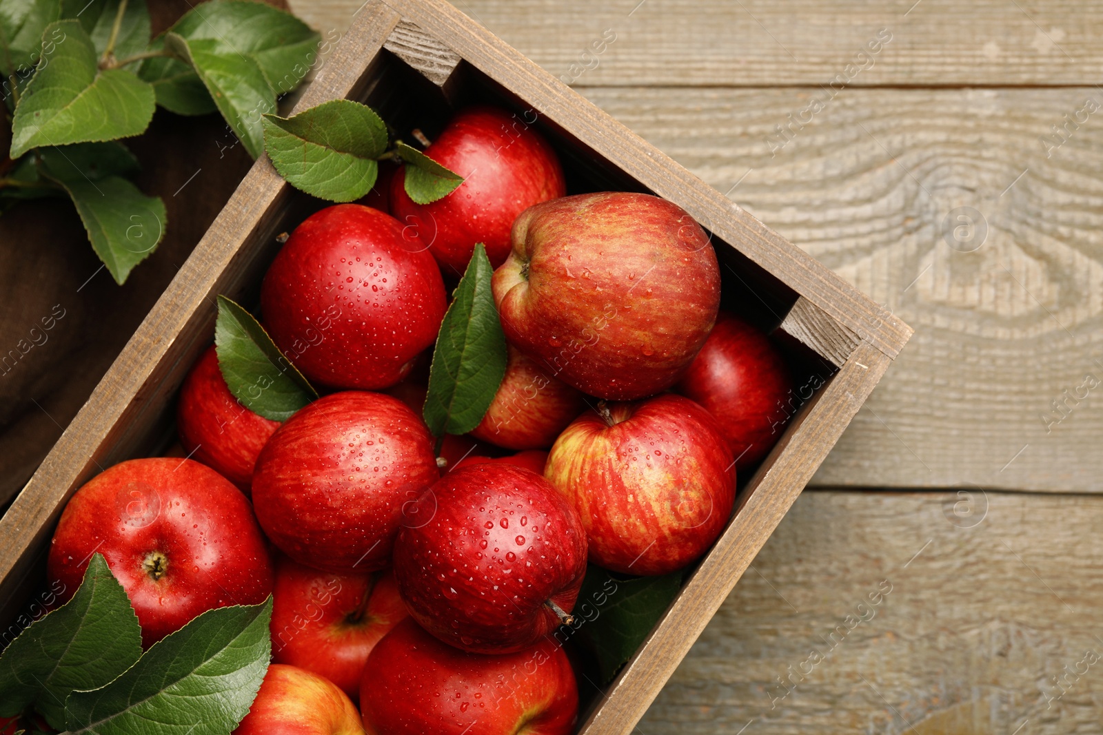 Photo of Crate with wet red apples and green leaves on wooden table, top view