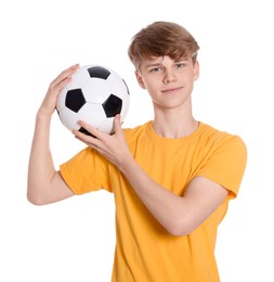 Teenage boy with soccer ball on white background