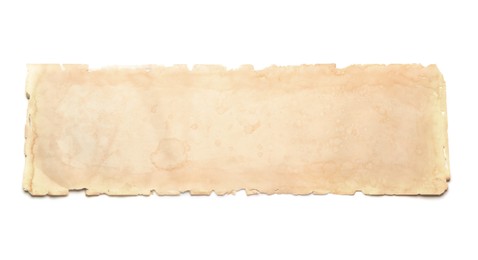 Photo of Sheet of old parchment paper isolated on white, top view. Space for design