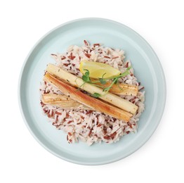 Photo of Plate with baked salsify roots, lemon and rice isolated on white, top view