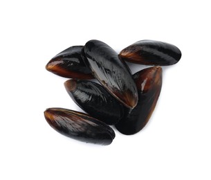 Photo of Heap of raw mussels in shells on white background, top view