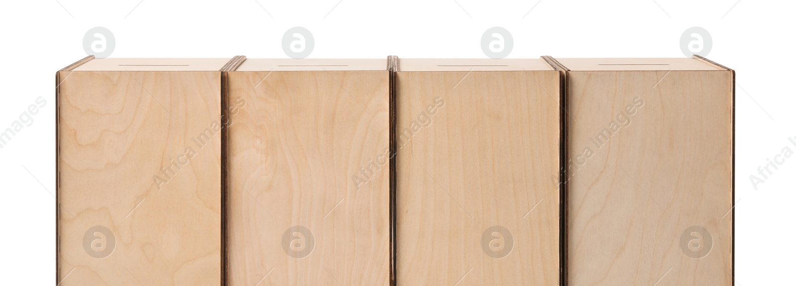 Photo of Wooden ballot boxes isolated on white. Election time