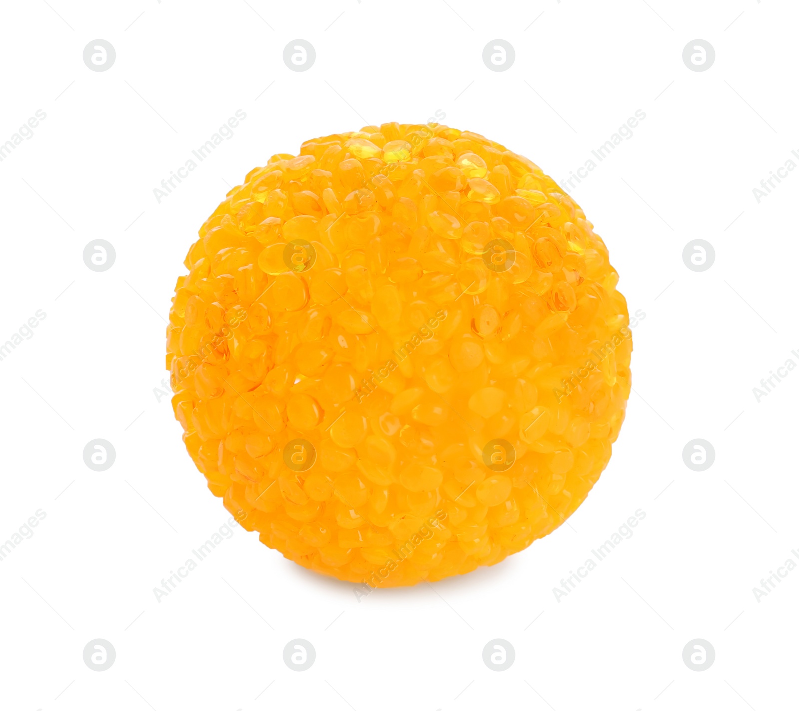 Photo of Bright yellow ball for cat on white background. Pet toy