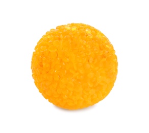 Photo of Bright yellow ball for cat on white background. Pet toy