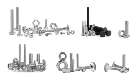 Set with different metal bolts and nuts on white background