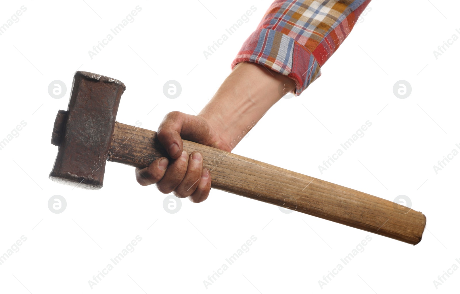 Photo of Man with sledgehammer on white background, closeup