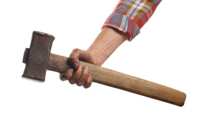 Man with sledgehammer on white background, closeup