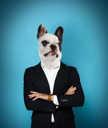Image of Portrait of businessman with dog face on light blue gradient background