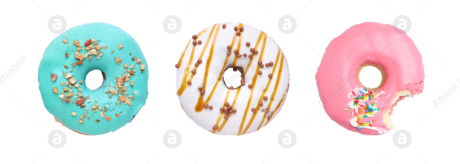 Image of Whole and bitten tasty donuts with sprinkles isolated on white