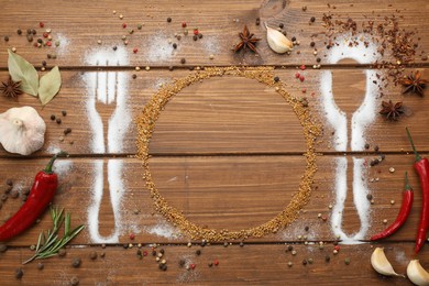 Beautiful flat lay composition with different spices, silhouettes of cutlery and plate on wooden background. Space for text