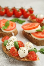 Photo of Delicious sandwiches with mozzarella, fresh tomatoes and basil on light grey table