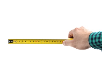 Photo of Man with measuring tape on white background