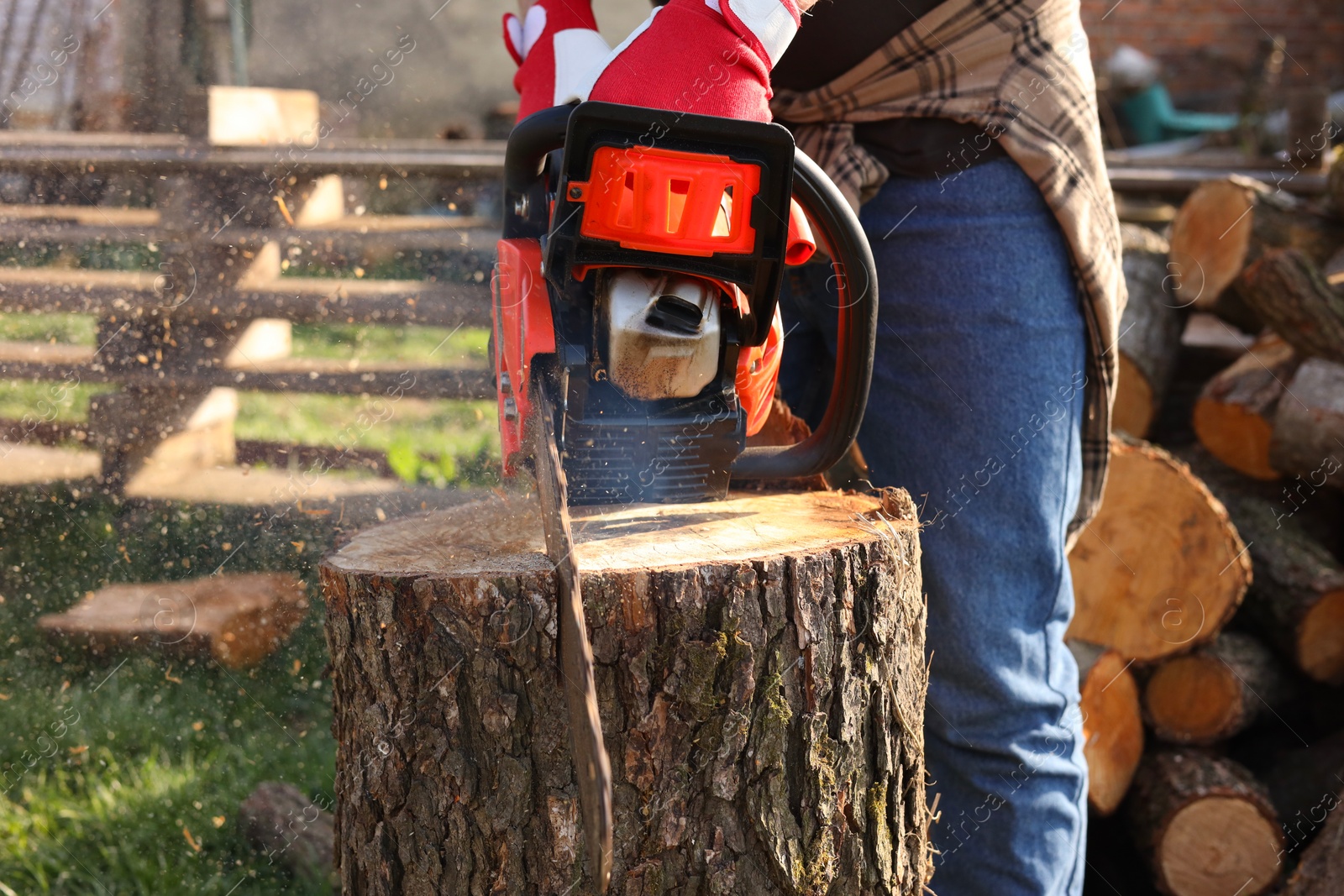 Photo of Man sawing wooden log on sunny day, closeup