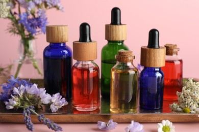 Aromatherapy. Different essential oils and flowers on pink background