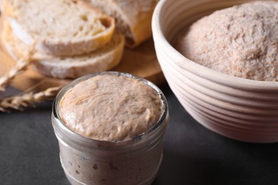 Fresh sourdough starter, dough and bread on grey table, closeup