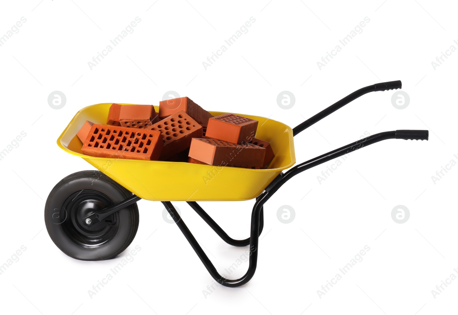 Photo of Pile of red bricks in wheelbarrow on white background