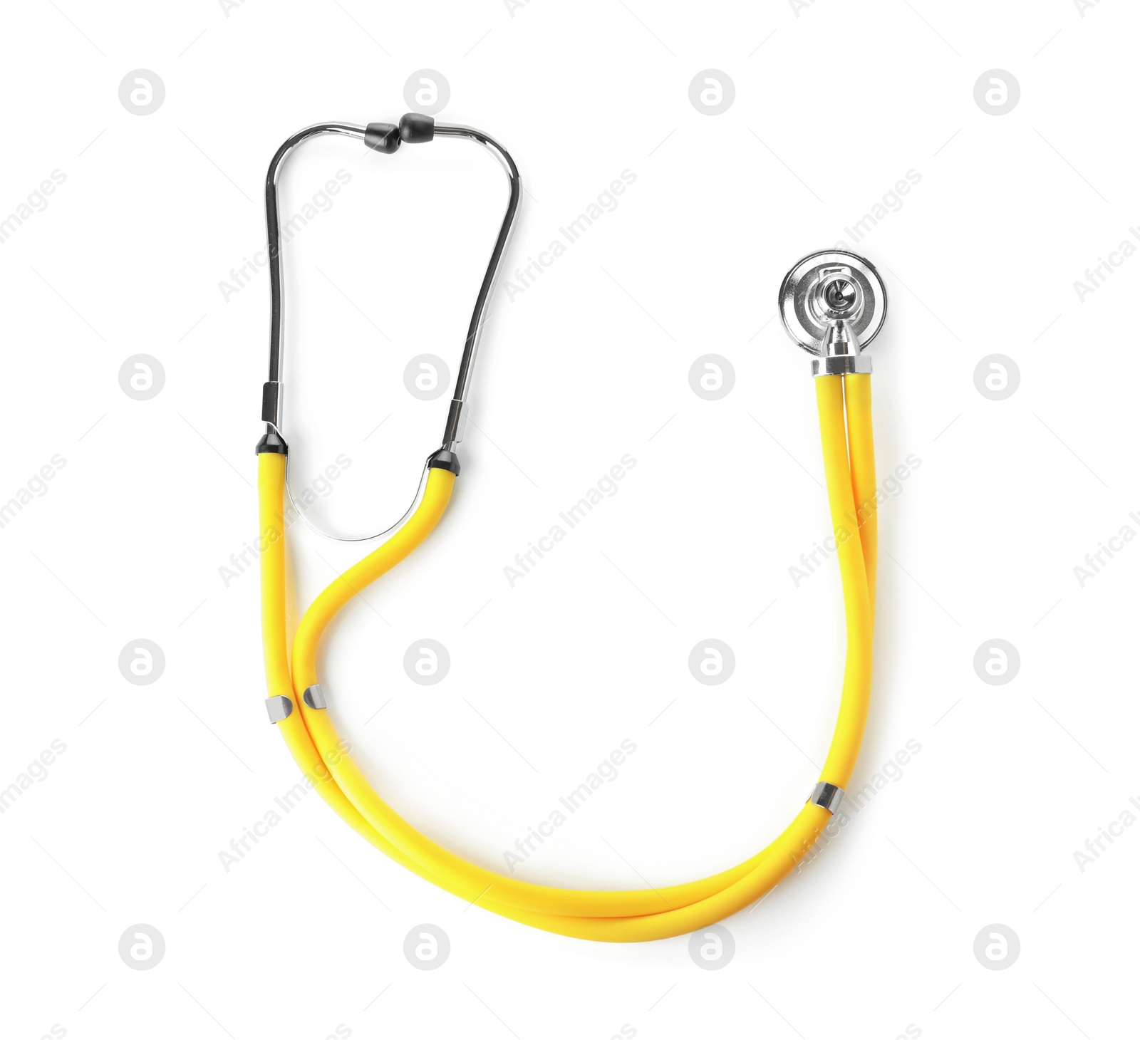 Photo of Stethoscope on white background, top view. Medical device