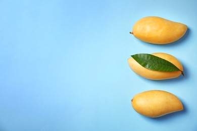 Photo of Flat lay composition with mango fruits on color background. Space for text