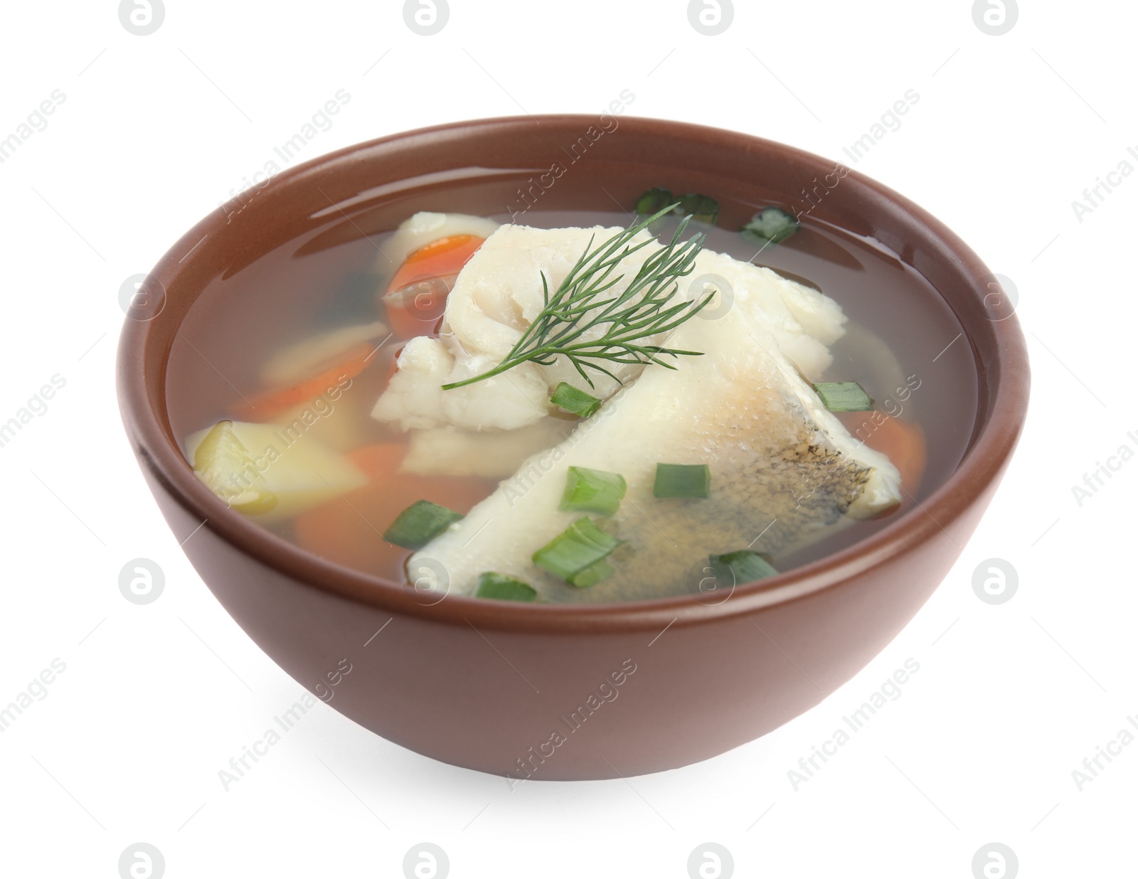 Photo of Delicious fish soup in bowl isolated on white