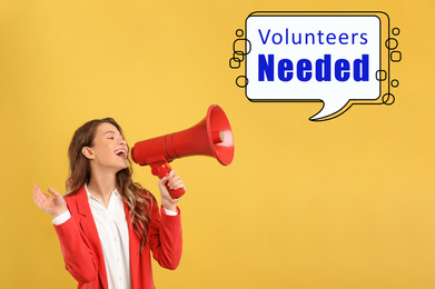 Image of Young woman with megaphone and text VOLUNTEERS NEEDED on yellow background