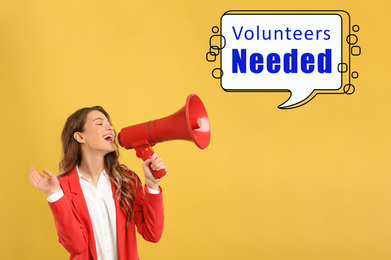 Young woman with megaphone and text VOLUNTEERS NEEDED on yellow background