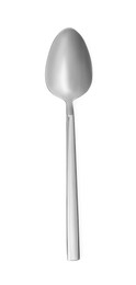 Photo of One new shiny spoon isolated on white, top view