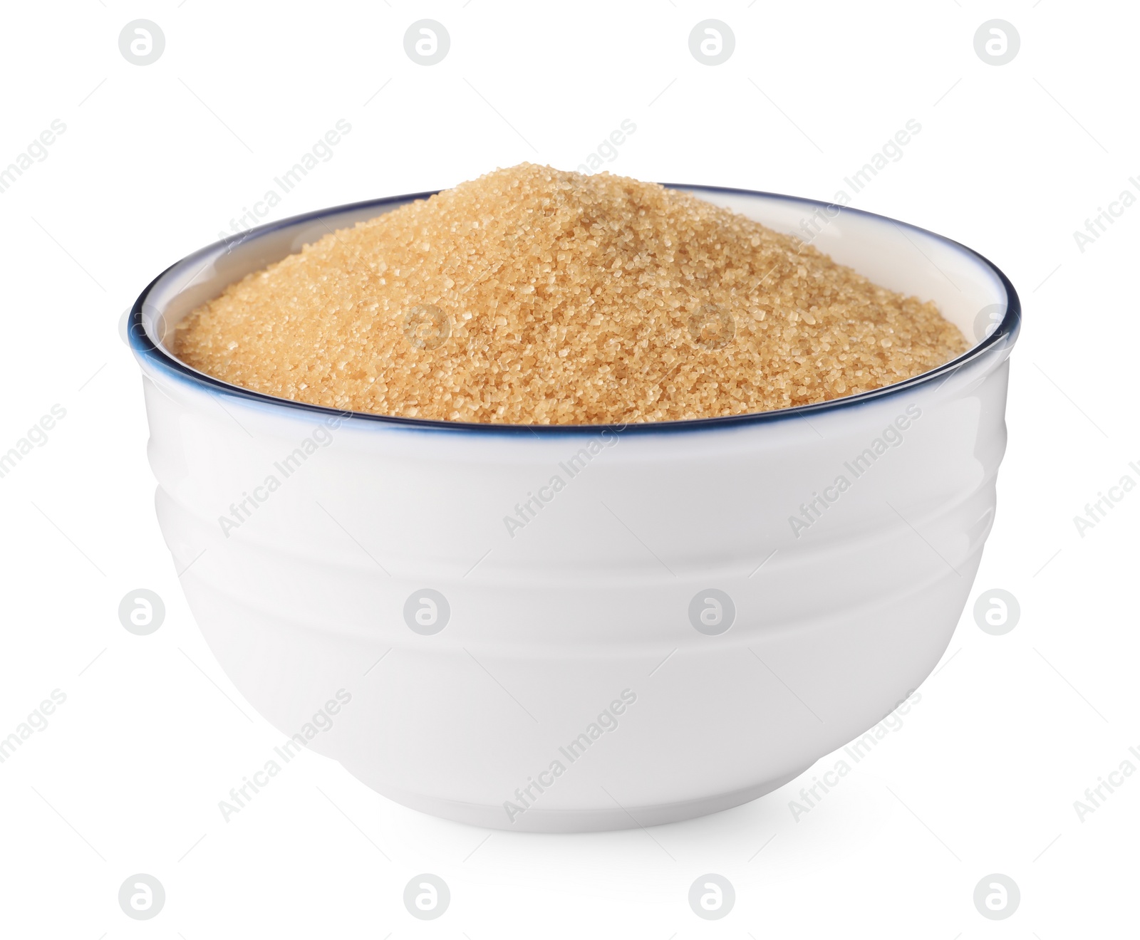 Photo of Bowl of granulated brown sugar isolated on white
