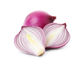 Photo of Fresh cut and whole red onion bulbs isolated on white