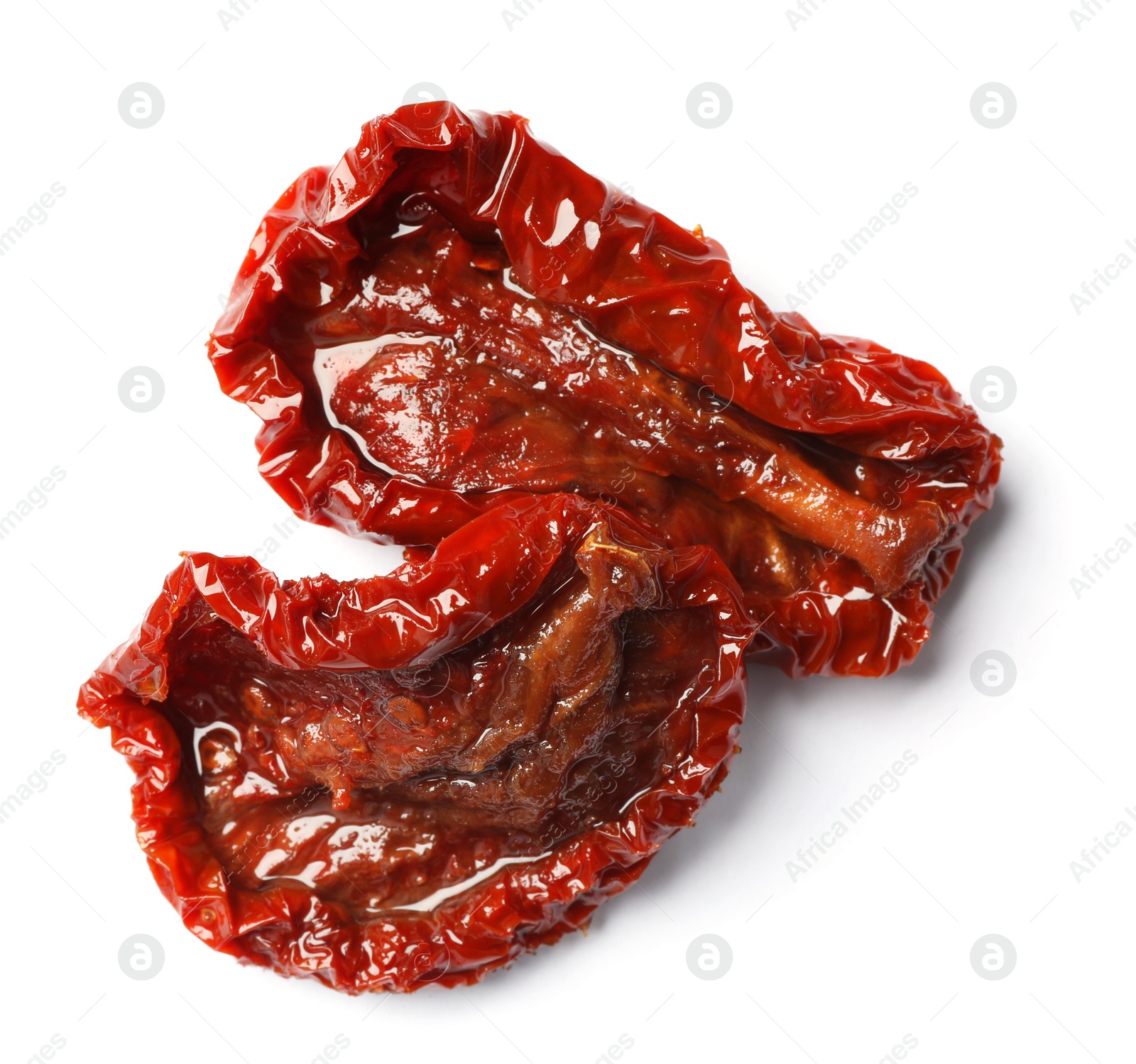 Photo of Tasty sun dried tomatoes on white background, top view