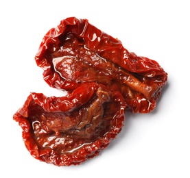 Photo of Tasty sun dried tomatoes on white background, top view