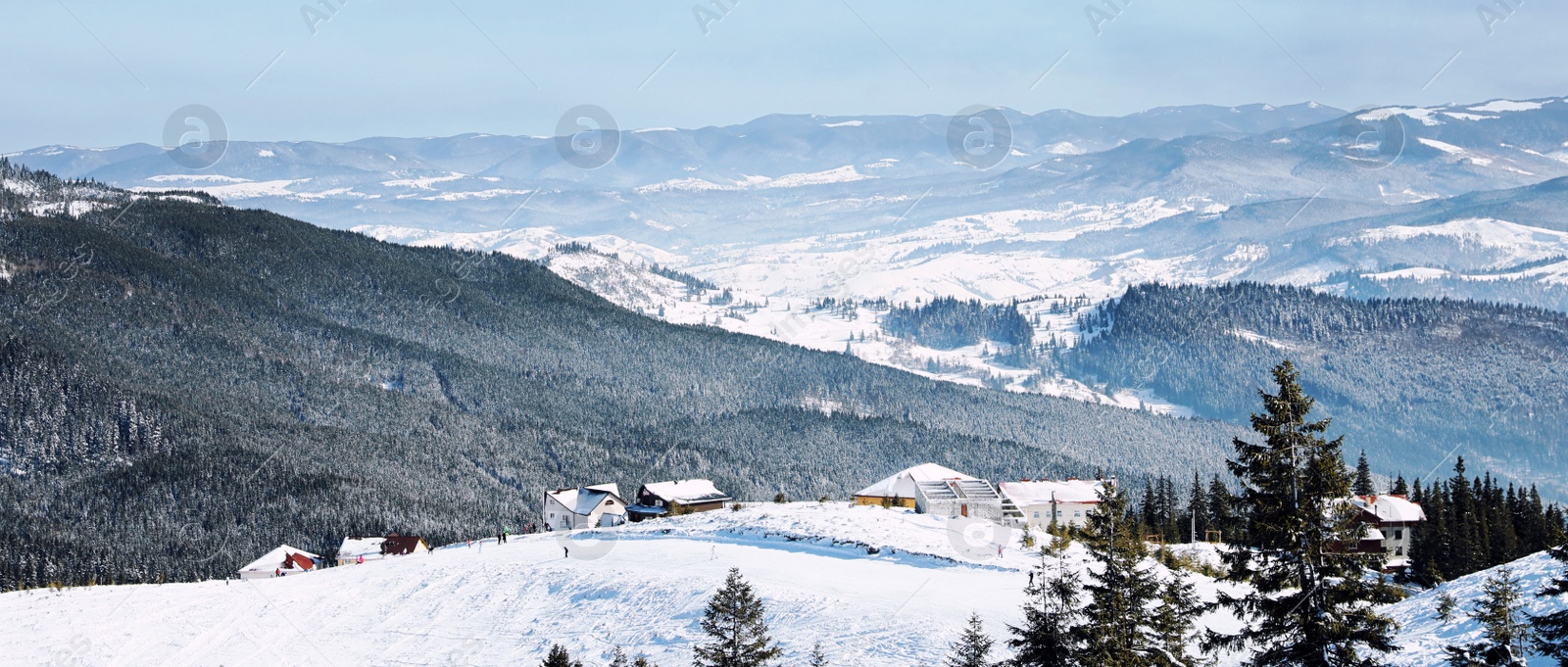 Image of Beautiful mountain landscape on sunny day in winter. Banner design