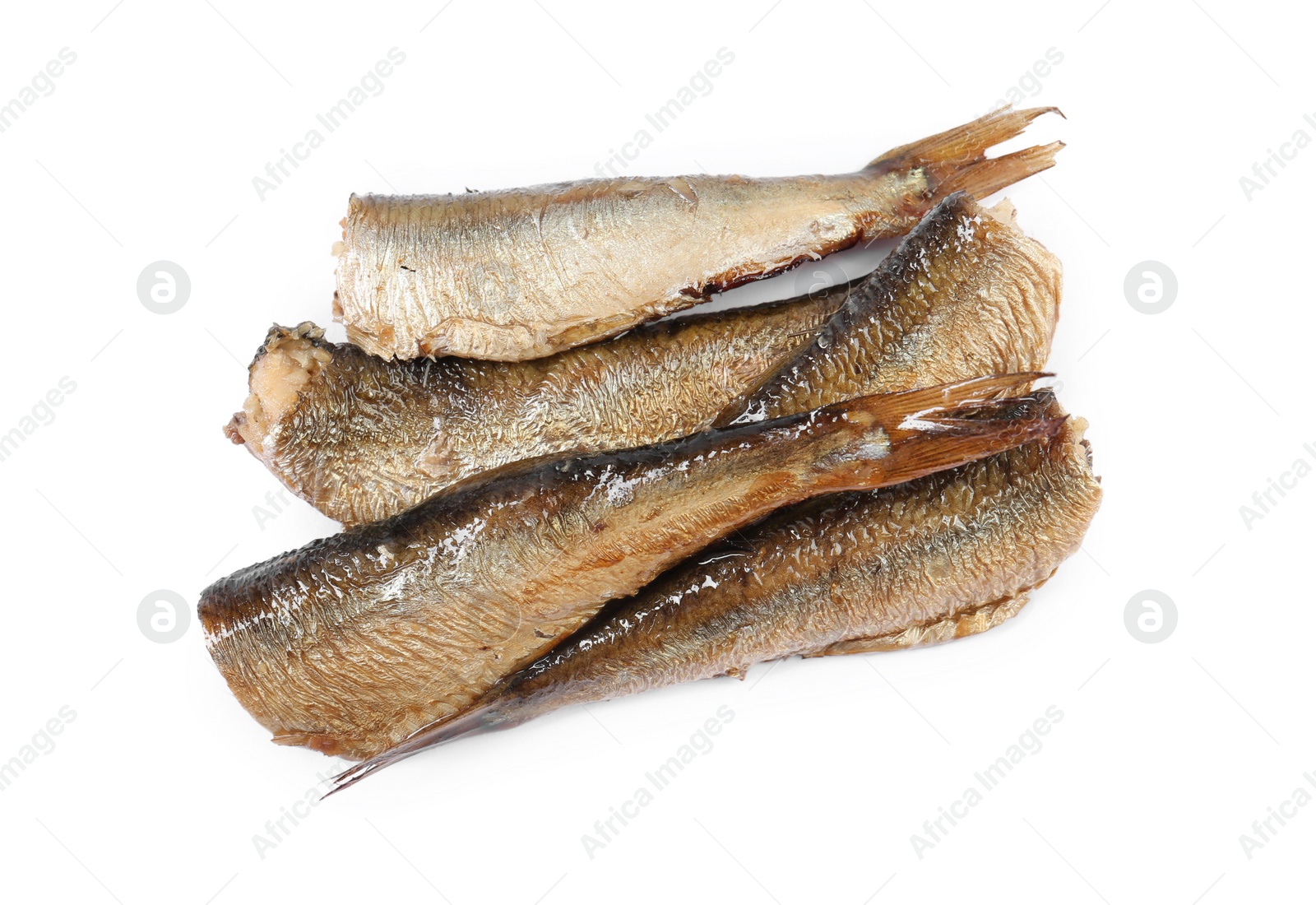 Photo of Tasty canned sprats isolated on white, top view