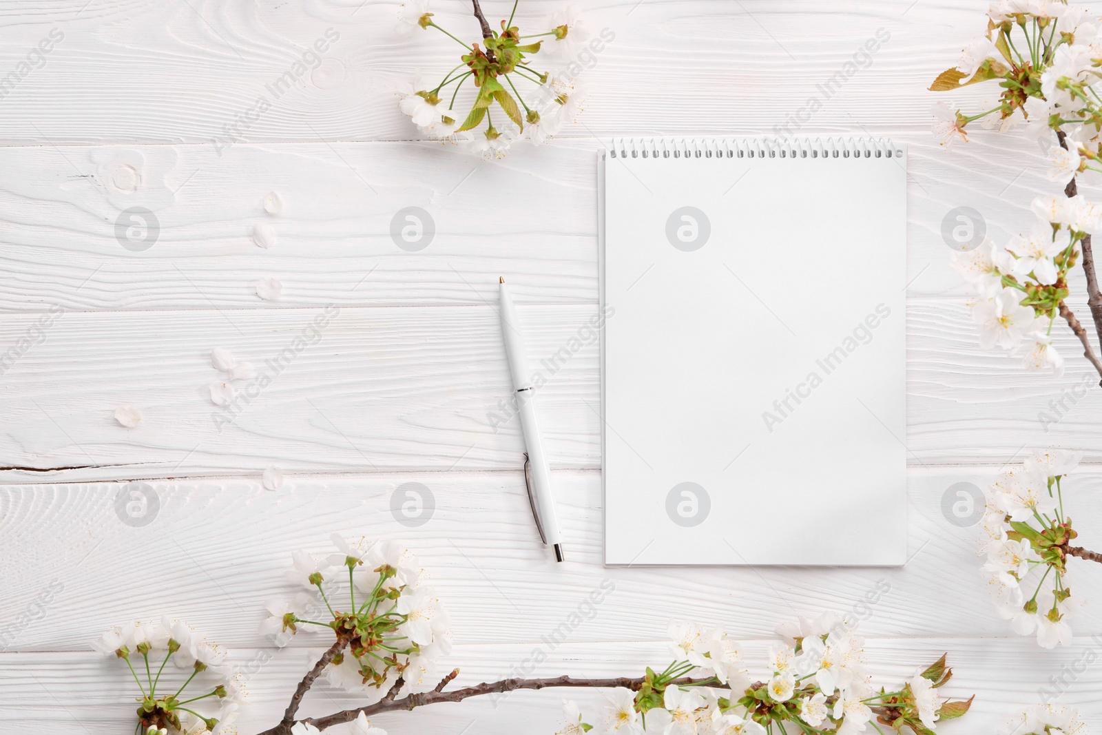 Photo of Guest list. Notebook, pen and spring tree branches with beautiful blossoms on white wooden background, flat lay. Space for text