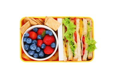 Photo of Lunch boxtasty healthy food isolated on white, top view. School dinner