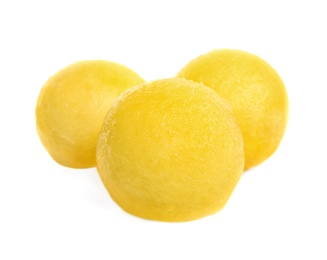 Juicy sweet melon balls on white background