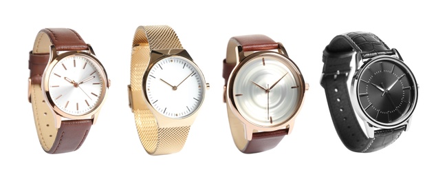 Image of Collage of stylish watches on white background. Banner design 