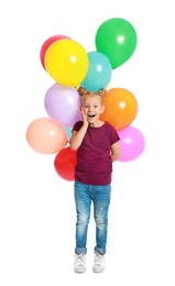 Photo of Emotional little girl holding bunch of colorful balloons on white background